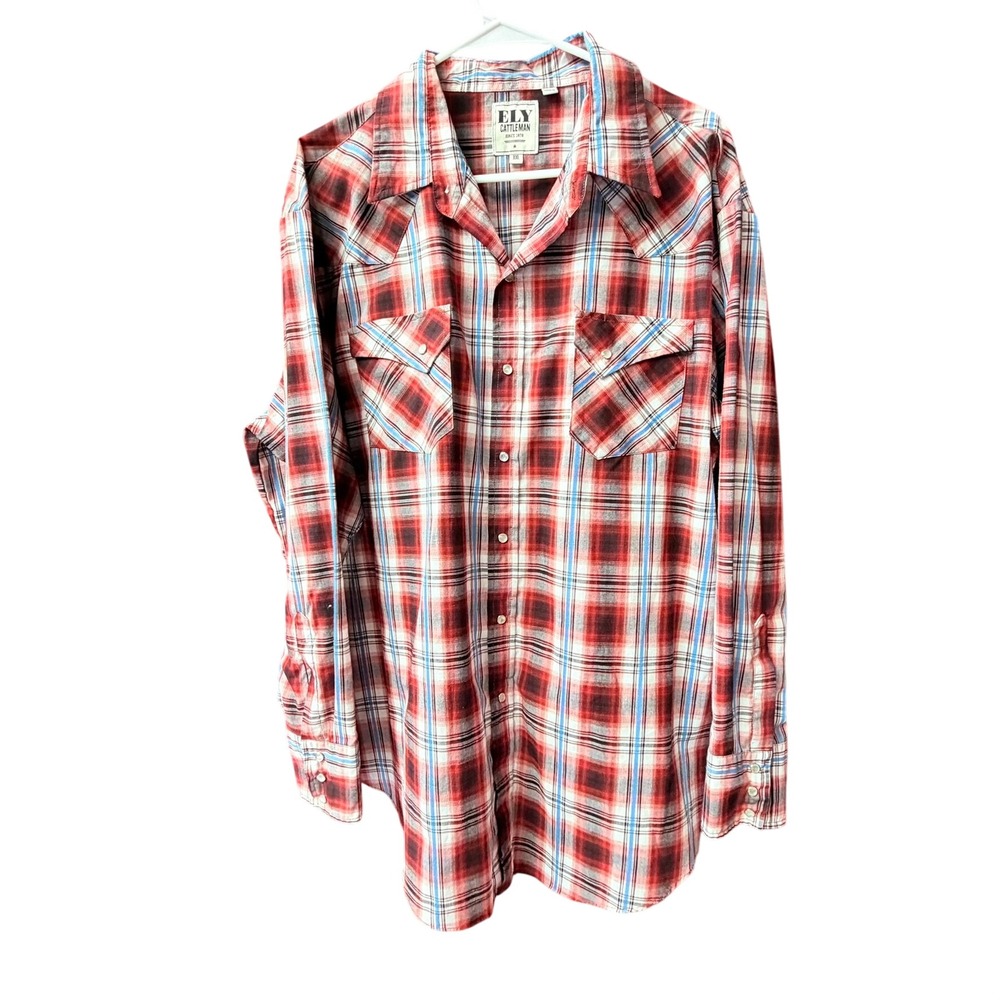 Ely Cattleman Western Shirt‎ Mens XXL Red Plaid Pearl Snap Long Sleeve Pockets